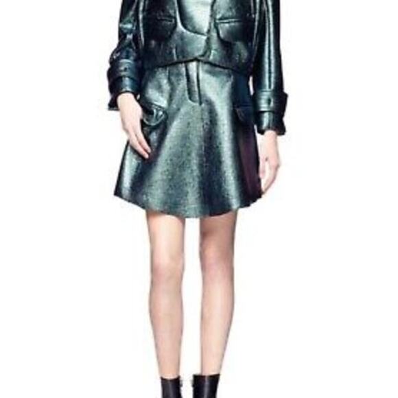 Carven Cargo Mini Skirt Size 38 Textured Green Metallic Curved Hem - Picture 1 of 10